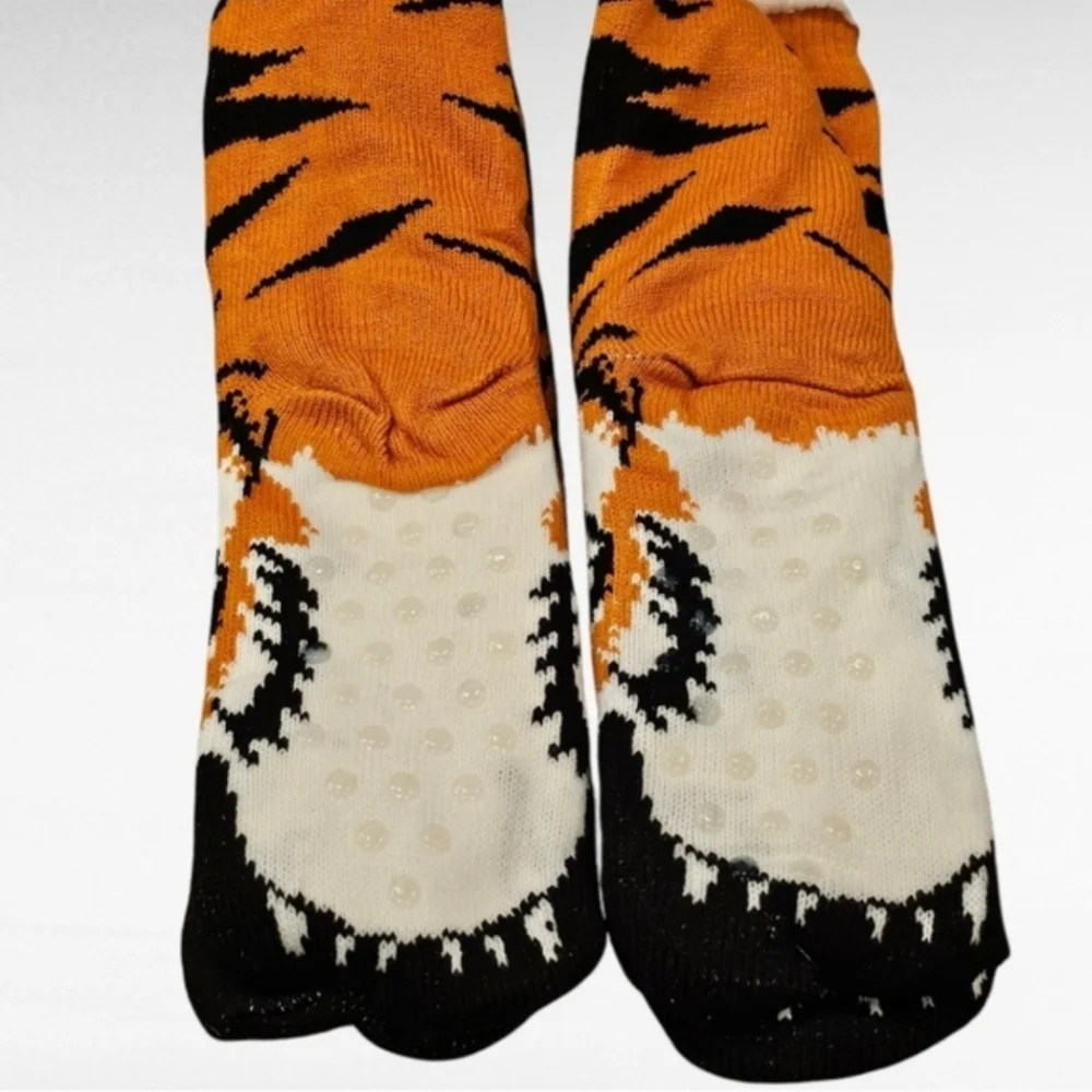 Tiger Sherpa Lined Slipper Socks Non Skid One Size